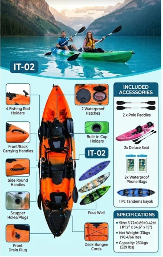 Two-Person Tandem (Kayak) Size 3.72X0.89X0.42M, N.W. 33kg, 2Pc Deluxe Seat, 2Pc Black Color Pole Paddle, 2Pc Waterproof Phone Bag