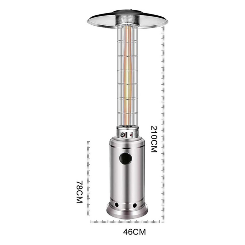 Patio Heater, Gas Cylinder Heater with Glass Tube, Stainless Steel Base, and Wheels, Propane Commercial Outdoor Heater, Round Reflector Shield