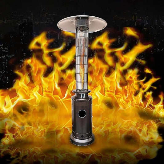 Patio Heater, Gas Cylinder Heater with Glass Tube, Stainless Steel Base, and Wheels, Propane Commercial Outdoor Heater, Round Reflector Shield