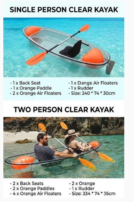 Single Person Clear Kayak With 1 Back Seat, 1 Orange Paddle,2 Orange Air Floaters
