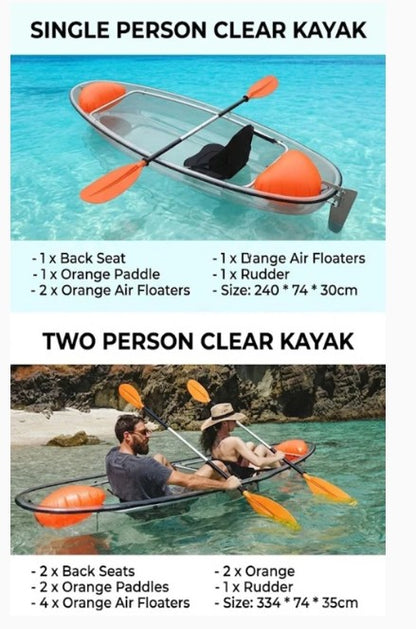 Single Person Clear Kayak With 1 Back Seat, 1 Orange Paddle,2 Orange Air Floaters