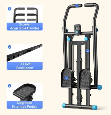 Stair Stepper/Climber with Extended Anti-Slip Pedals, 3-Height Adjustable Handlebars &amp; 150kg Capacity