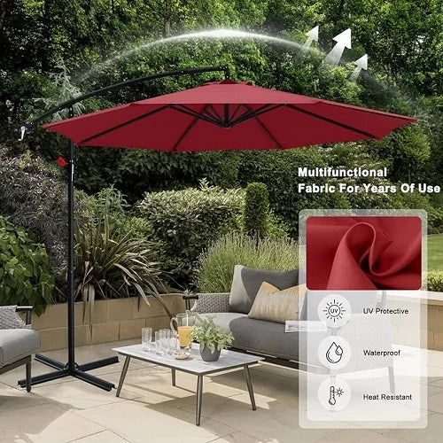 10FT Patio Umbrella,Outdoor Cantilever Umbrella with Crank & LED Solar lights