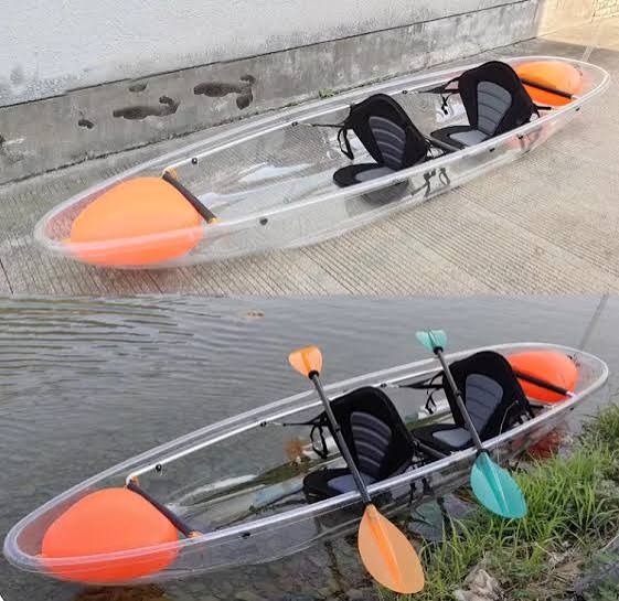 Two Person Clear Kayak With 2 Back Seats, 2 Orange Paddles, 4 Orange Air Floaters And 1 Rudder