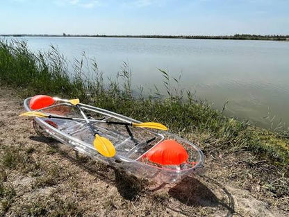 Two Person Clear Kayak With 2 Back Seats, 2 Orange Paddles, 4 Orange Air Floaters And 1 Rudder