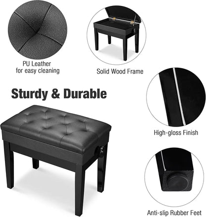 Adjustable Piano Bench with Storage Black Wooden Keyboard Stool Seat Leather Cushion Paino Chair for Piano Shop Music School Studio Capacity 180kgs