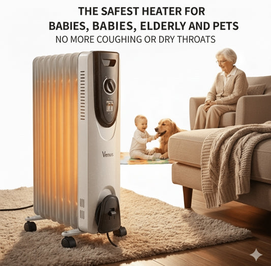 Venus HY-C5-9 Oil Heater (2000W) | 9 Fins Silent Radiator – Safe for Babies, Asthma, Pets | Portable Room Warmer