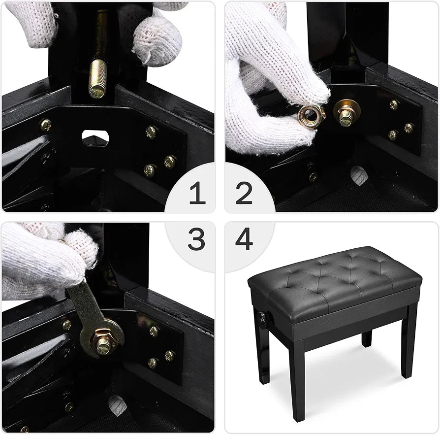 Adjustable Piano Bench with Storage Black Wooden Keyboard Stool Seat Leather Cushion Paino Chair for Piano Shop Music School Studio Capacity 180kgs