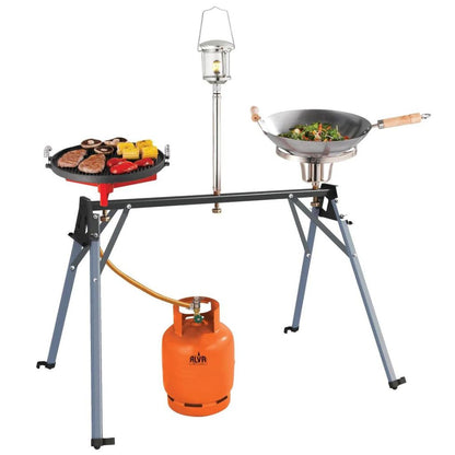 ALVA Amacooka – Multi-Purpose 3-Port Gas Manifold Stand with Double-Sided Cooking Plate