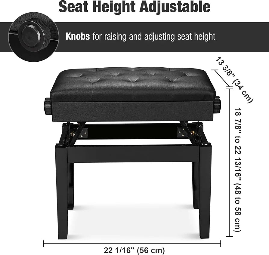 Adjustable Piano Bench with Storage Black Wooden Keyboard Stool Seat Leather Cushion Paino Chair for Piano Shop Music School Studio Capacity 180kgs