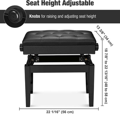 Adjustable Piano Bench with Storage Black Wooden Keyboard Stool Seat Leather Cushion Paino Chair for Piano Shop Music School Studio Capacity 180kgs