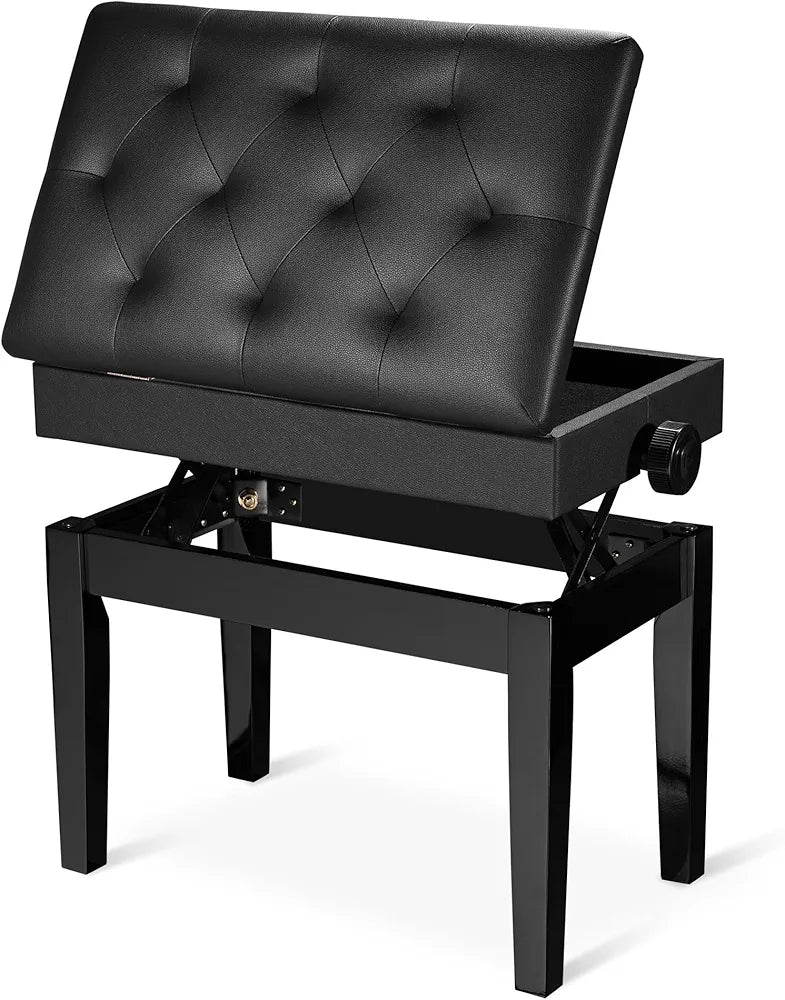 Adjustable Piano Bench with Storage Black Wooden Keyboard Stool Seat Leather Cushion Paino Chair for Piano Shop Music School Studio Capacity 180kgs