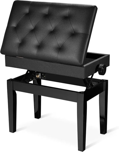 Adjustable Piano Bench with Storage Black Wooden Keyboard Stool Seat Leather Cushion Paino Chair for Piano Shop Music School Studio Capacity 180kgs