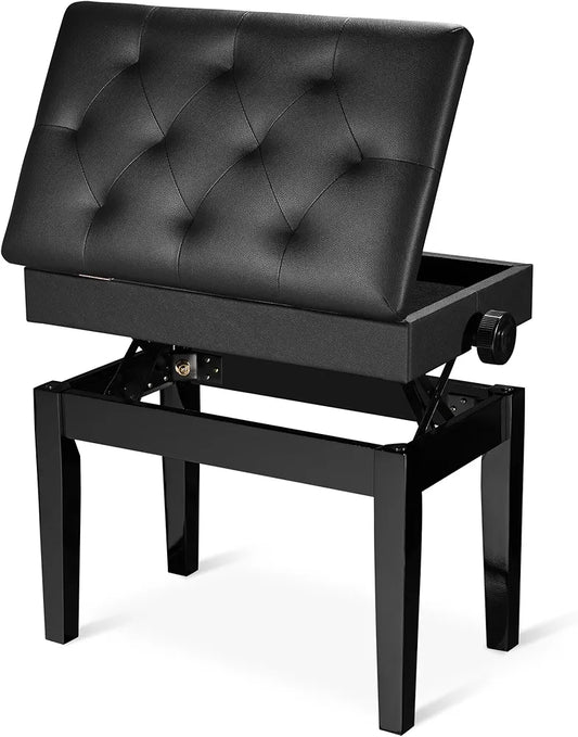 Adjustable Piano Bench with Storage Black Wooden Keyboard Stool Seat Leather Cushion Paino Chair for Piano Shop Music School Studio Capacity 180kgs