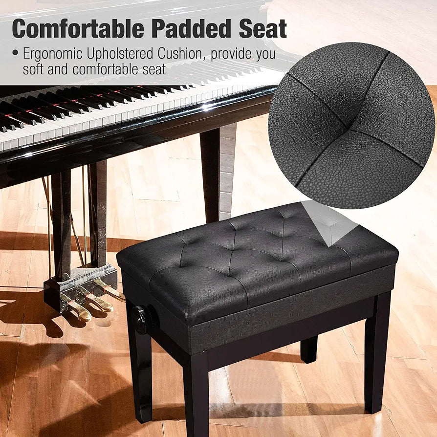 Adjustable Piano Bench with Storage Black Wooden Keyboard Stool Seat Leather Cushion Paino Chair for Piano Shop Music School Studio Capacity 180kgs