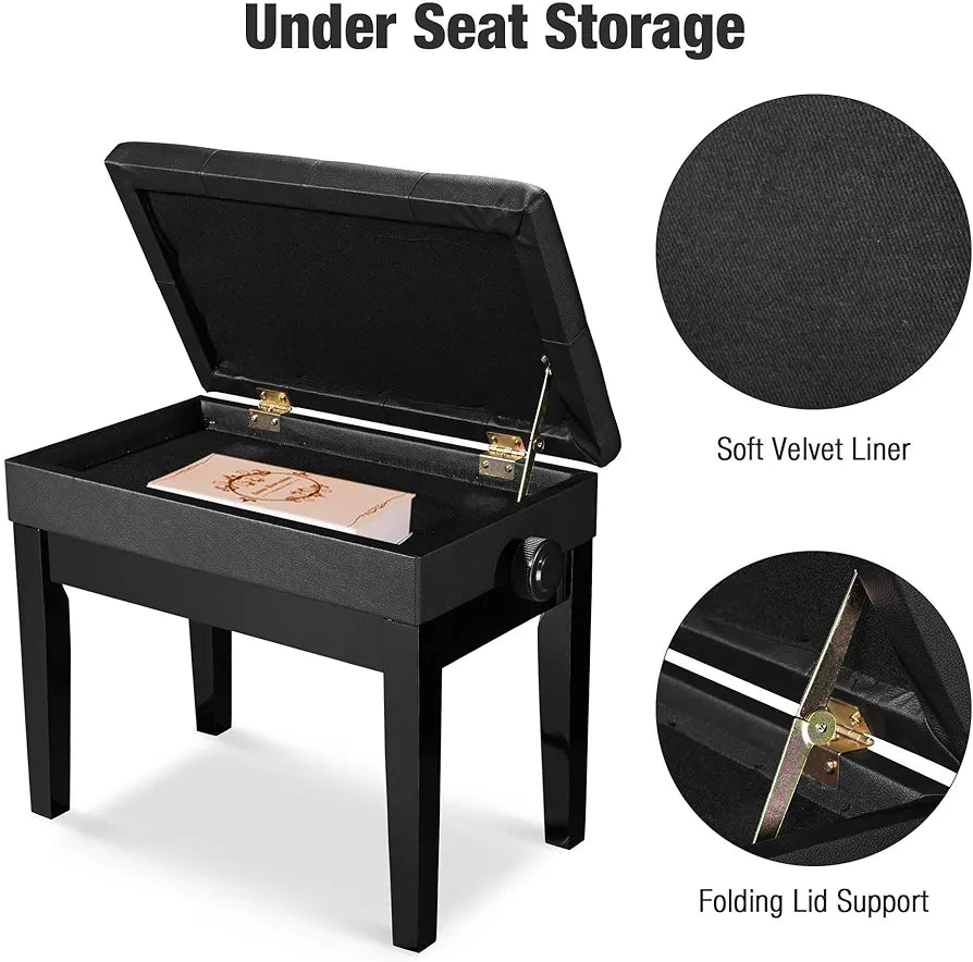 Adjustable Piano Bench with Storage Black Wooden Keyboard Stool Seat Leather Cushion Paino Chair for Piano Shop Music School Studio Capacity 180kgs