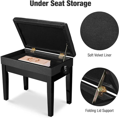 Adjustable Piano Bench with Storage Black Wooden Keyboard Stool Seat Leather Cushion Paino Chair for Piano Shop Music School Studio Capacity 180kgs