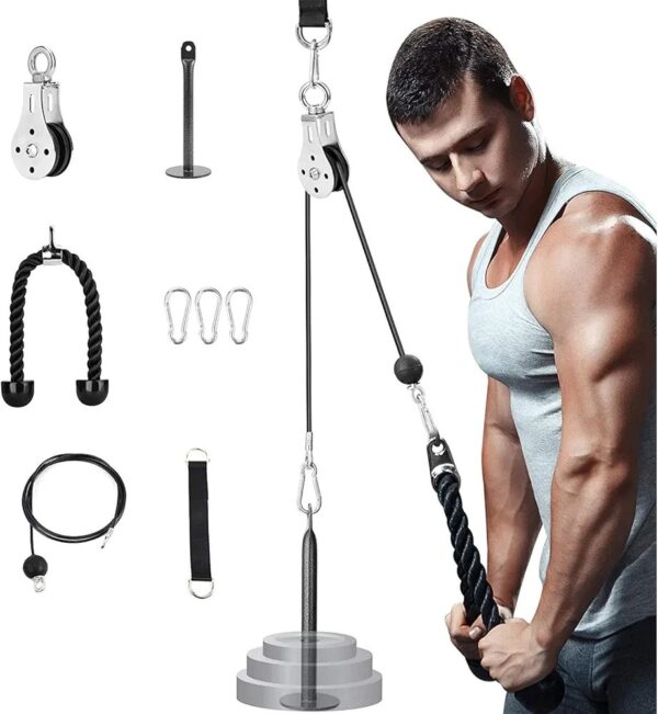 Home Gym Cable Pulley System with Silent Pulley, Tricep Rope, 2m Cables, Loading Pin, 3 Carabiner and Hanging Strap, Home Gym Equipment for LAT Pulldown and Triceps Extension